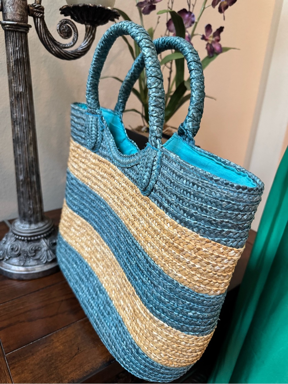 ✅ “Ralph Lauren” Striped Woven Straw Tote Bag in Teal and Natural - Picture 2 of 6